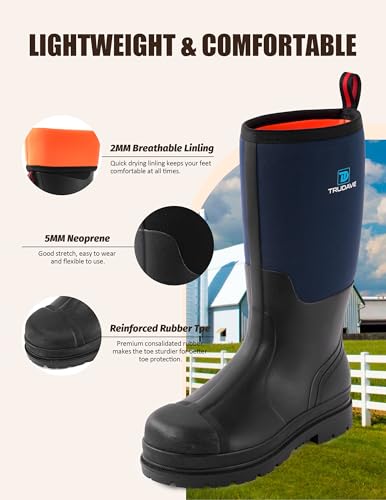 Image of Trudave Rubber Boots for Men, Waterproof Rain Boots with Steel Shank & Reinforced Shell, 5mm Neoprene Insulated Knee Mud Boots for Outdoor Work Hunting Farming Fishing