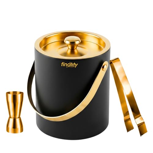 Image of finality Premium Stainless Steel Ice Bucket with Tongs and Jigger - 1 Litre Double Walled Insulated Ice Box for Bar, Home & Parties (Black Gold Mirror IB + Tong + Jigger)
