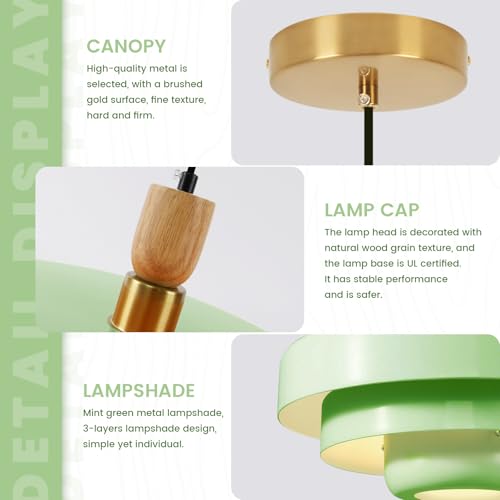 Image of Mint Green 3-Tier Pendant Light, Mid-Century Modern Wood Accent Hanging Lamp with 59 inch Adjustable Cord, E26 Base for Kitchen Island, Dining Room & Boho Bedroom