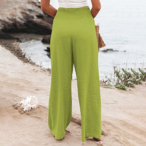 Memeishop 2024 Calça feminina casual de linho de cintura alta Palazzo calça de praia folgada confort