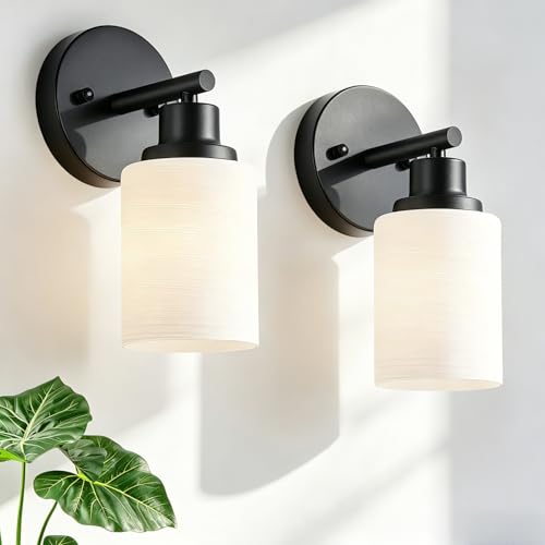 Image of 2-Pack, 1-Light Vanity Lights, Matte Black Bathroom Light Fixture with Textured Milky White Glass Shade, E26 Modern Vanity Lighting Fixture for Bathroom Wall Sconce