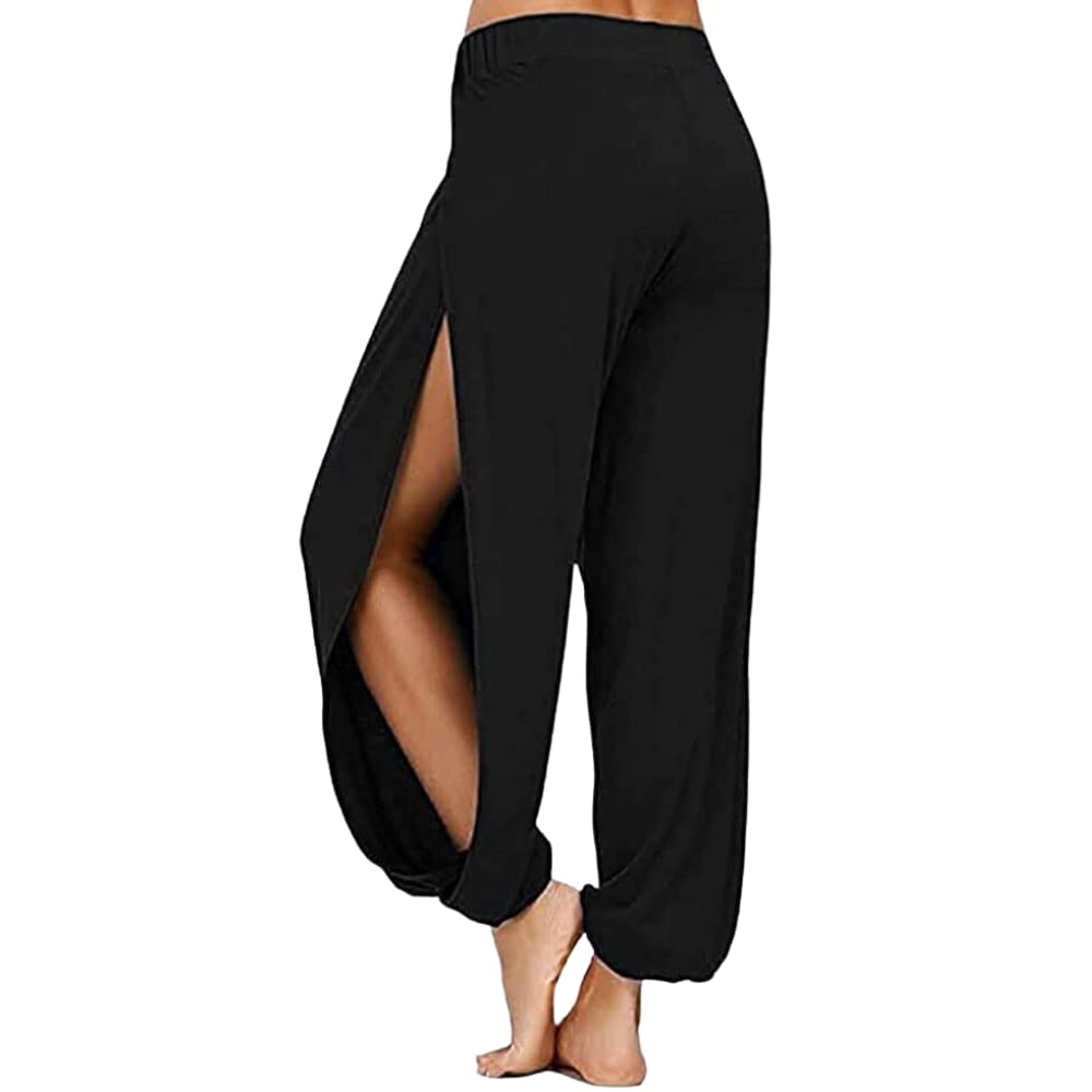 STAR FASHIONWomens Long Side Slit Loose Harem Yoga Pants Heavy Viscous Plain Trousers