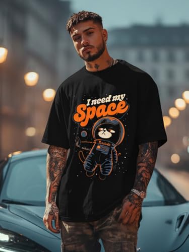 Image of LEOTUDE Men Space Black Oversized T-Shirt Material Cotton Blend