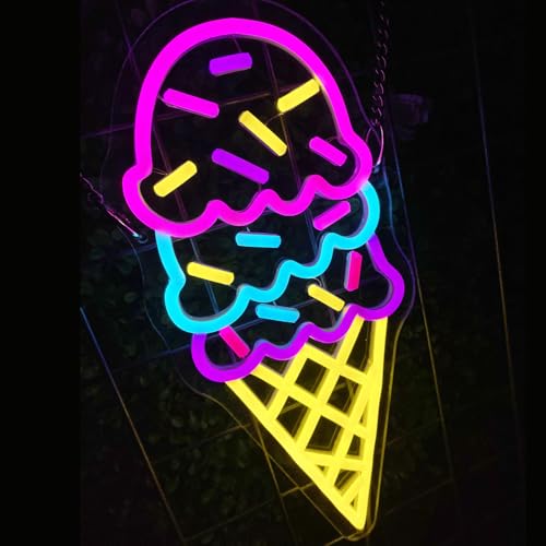Image of Ice Cream Open Neon Sign Shop Wall Decor Custom Neon Signs Personalized Dimmable LED Light for Birthday Christmas Party Bedroom Bar Drink Shop USB Powered with Pink Yellow Blue Glow (14.7 x 6.7)
