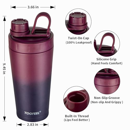 Image of TOOFEEL Stainless Steel Shaker Bottle - 20 oz Double Walled Insulated Protein Shaker Cup, Keeps Cold /Hot for Gym Workout
