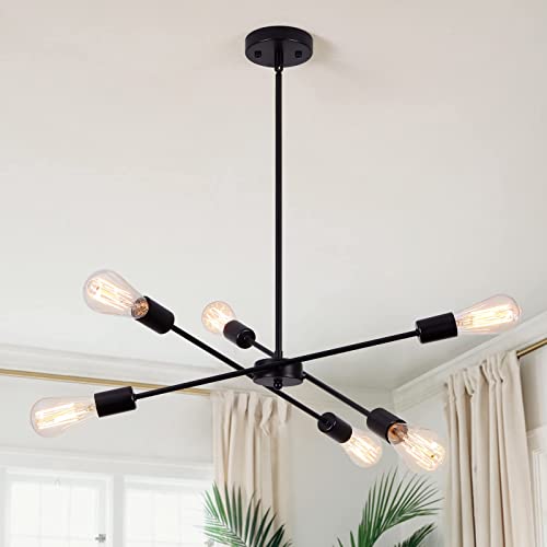 generies Black Modern Chandelier, 6-Light Linear Pendant Lighting Mid Century Industrial Sputnik Chandeliers for Living Room Kitchen Dining Room Hallway