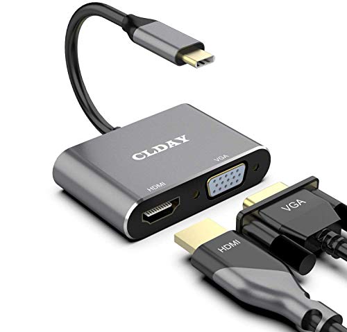 Colorfulday USB-C to HDMI VGA Adapter, 2 in 1 USB 3.1 Type C to VGA HDMI 4K UHD Converter Adaptor Thunderbolt 3 Compatible Dual Screen Display with Aluminium Compatible 2019/2018 MacBook, ChromeBook