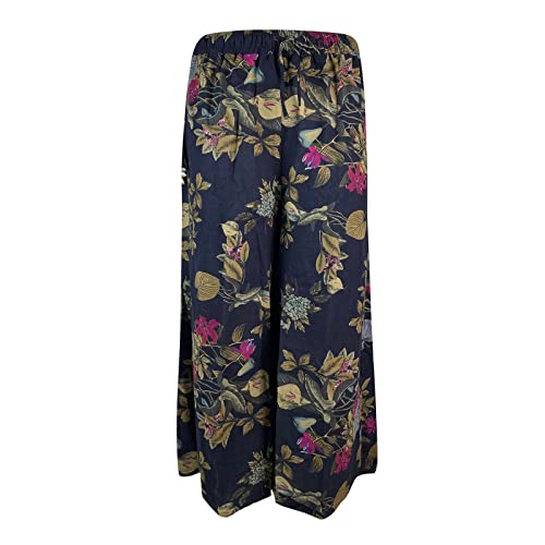 Plus Size Linen Elastic Waist Jogger Pants for Women Wide Leg Drawstring Flowy Fall Casual Palazzo Printed Trousers (Navy 5X)