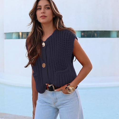 Image of Ainangua Sleeveless Cropped Cardigan for Women Casual Chunky Knit Tank Tops Button Down Open Front Sweater Vest with Pockets