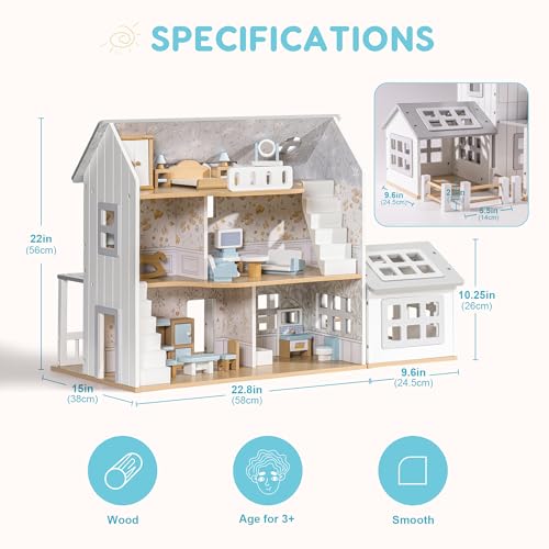 Robud RB-WDH14 Wooden Dollhouse, Modern Vintage Farm Dollhouse thumb #2