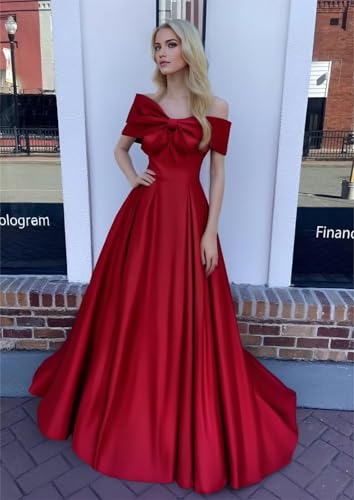 Off Shoulder Prom Dresses Satin Long Ball Gowns for Women Bowknot A Line Formal Wedding Party Gown with Pockets2