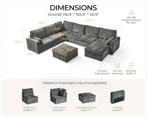 Image of 155.9'' Oversized Modular Sectional Sofa Plush Cloud Couch with Storage, Convertible Deep U-Shaped Couch with Chaises for Living Room, 6-Seater with Corner and 2 Ottomans, Chenille, Grey