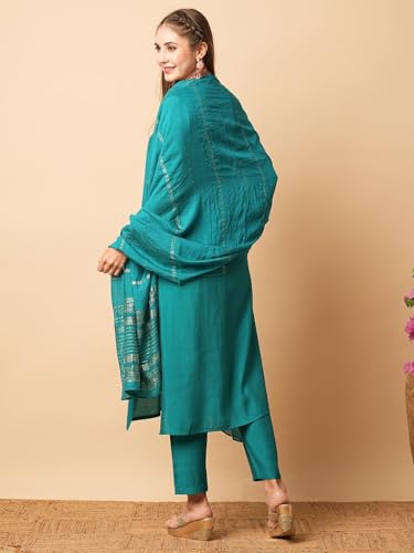 Image of Naixa Women's Chanderi Viscose Embroidered Straight Kurta with Pant and Dupatta Sets (NX-S-Amayra)