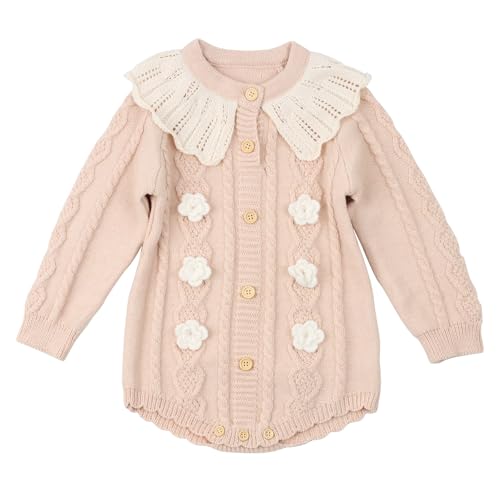 HOOLCHEAN Baby Girl Ruffle Collar Knit Romper Long Sleeve Handcrafted Flower Jumpsuit