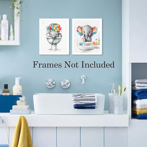 Image of TANXM Kids Bathroom Art Set, Funny Elephant Calf Bathroom Toilet Wall Decor, Baby Elephant Bathroom Rules Art Print for Nursery Kids, Wash Brush Flush Bath Sign Poste,Set of 4 (8 inchX10 inch, Unframed