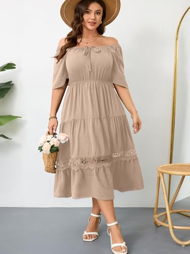 Image of RWJ Women's Plus Size Maxi Dress Short Sleeve Square Neck Flowy A-Line Lace Trim Flutter Party Casual Off Shoulder Dresses