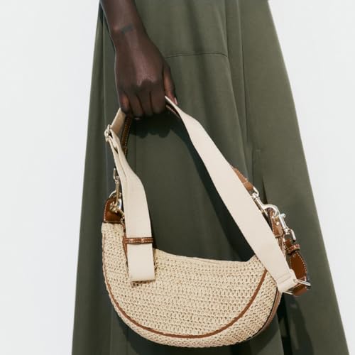 Image of Straw Crossbody Bags for Women Crescent Woven Shoulder Handbag Summer Beach Hobo Purses with Adjustable Strap Khaki