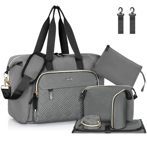 Image of 7pcs Diaper Bag Tote, Large Mommy Bag Travel Diaper bags, Baby Diaper Tote for Mom Hospital Baby, Dark Grey
