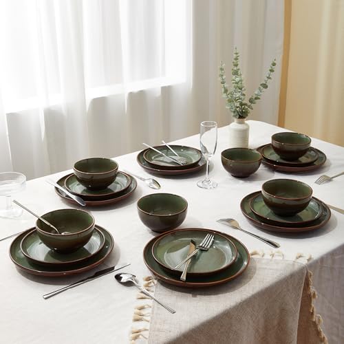 Image of Pokini 24 Piece Double Bowl Dinnerware Sets with Pasta Bowls, Highly Chip and Crack Resistant Plates and Bowls Sets, Natural Earthyware Ceramic Dishware Sets, Service for 6 Brown Green