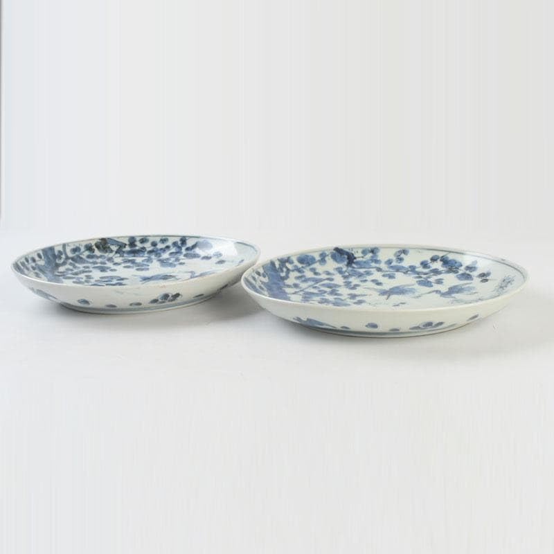 中国　青花　花草鳥文盤　皿　一對　在銘　C　9290 中国 青花 花草鳥文盤 皿 一對 在銘 C 9290 中国 青花 花草