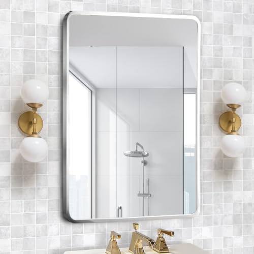Image of Movo 24x30 Inch Black Metal Framed Bathroom Mirror Medicine Cabinet Rectangle Tilting Beveled Vanity Mirrors Recess or Surface Mount Installation Chrome