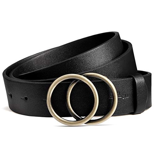 BROMEN Damen Ledergürtel Doppel O-Ring Schnalle Gürtel für Jeans Hosen Kleider, Schwarz 120 cm Cover