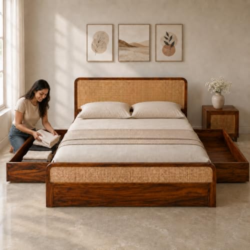 Image of Spain Rattan King Size Bed with Storage Box | Fits 78 x 72 Inch Mattress | Honey Teak Finish, Mango Wood | Wooden Bed for Bedroom