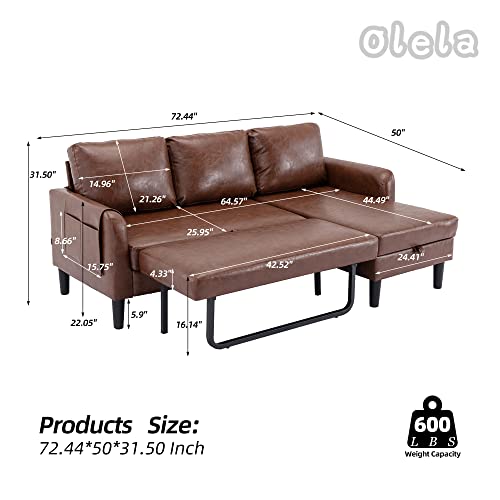 Olela Pull Out Sleeper Sofa Couch,Pu Leather Convertible Sofa Bed L Shape Sectional Sofa With Storage Chaise And Pocket For Living Room (Brown-Pu Leather) #TOP1