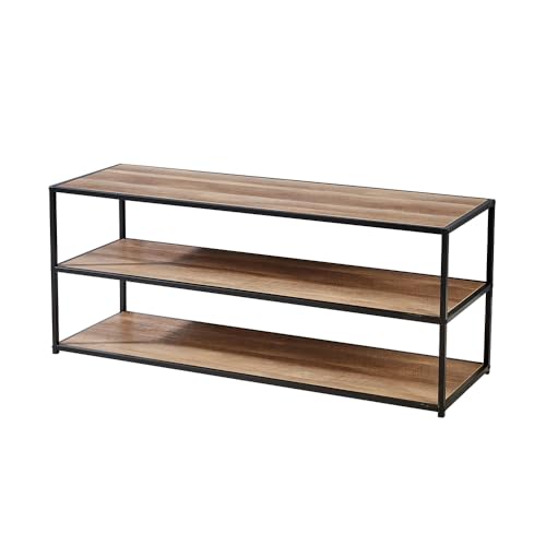 Home Source Compact TV Unit Media Stand, Open Storage Shelves, Black Metal Frame, Oak Effect Finish, 120cm