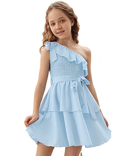 Danna Belle Girl Summer Dress One Shoulder Ruffle Layered Blue Party Flower Gifts Dress 10-12