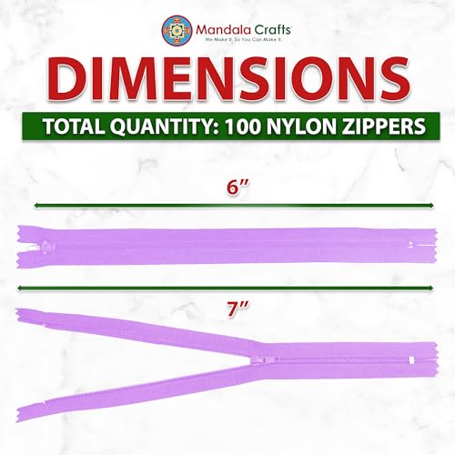 Image of Mandala Crafts 100 PCs Lilac Closed-End 6 Inches Nylon Zippers for Sewing
