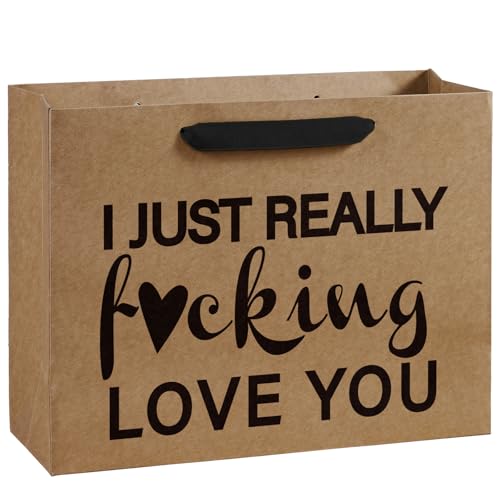 WRAPAHOLIC 13" Large Kraft Funny Birthday Gift Bag - I Just Really Fucking Love You Design Wacky Paper Bags for Men & Women, Great for Friends Birthday Gifting