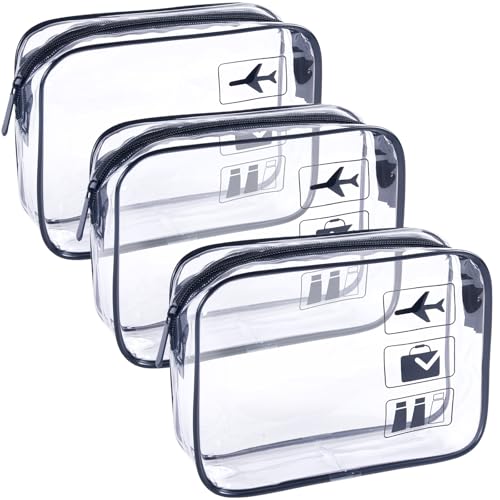 TREALDATE TSA Approved Toiletry Bag 3Pcs - 3 Pack Clear Travel Bags for Toiletries Carry on Airport Airline Compliant Bag Makeup Bags Clear Toiletry bags Quart Size Travel Bag Black