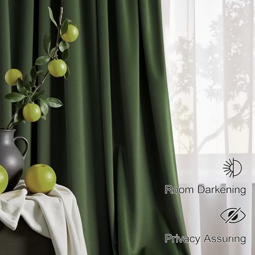 Image of Olive Green Velvet Curtains 96 Inch Long 2 Panel for Bedroom Light Blocking Thermal Soundproof Privacy Drape Dark Academia Emerald Green Curtain for Living Room Vintage Retro Mid Century Modern Decor
