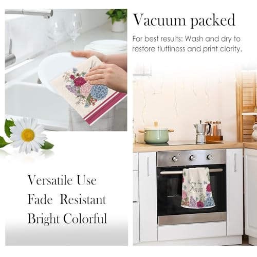 Image of Summer Vintage Floral Kitchen Towels, Dragonflies Dish Towels Set of 2, Spring Retro Hydrangeas 18 x 26 Inch Hand Towel Quick Drying Dishcloth Decor for Kitchen Bathroom Home