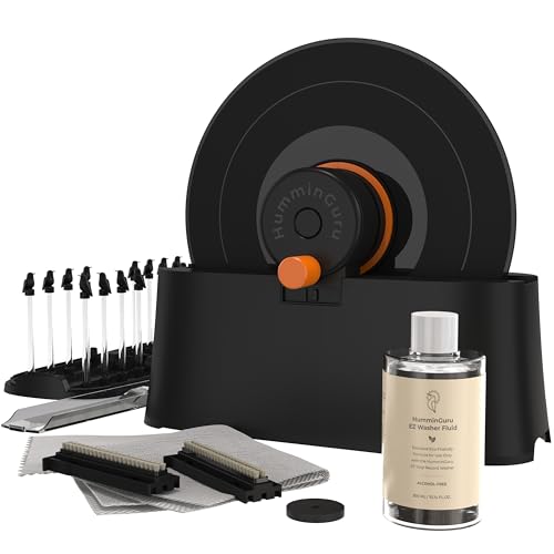 HumminGuru EZ Record Washer, Manual Vinyl Record Cleaner Machine with Easy Spin & Watertight Label Clamp, Record Cleaning Kit with Gentle Goat-Hair Brushes, Alcohol-Free LP Fluid, Drying Rack & Cloth