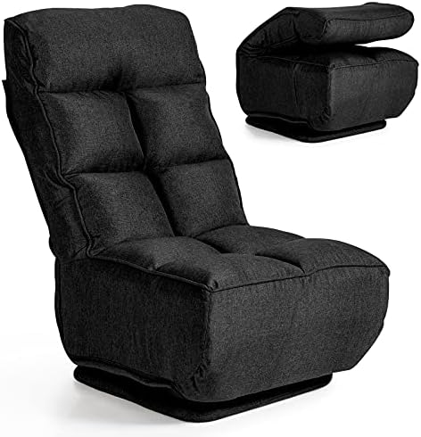 COSTWAY Folding Sofa Chair, 360 Degree Swivel 6-Position Adjustable Floor Lazy Recliner, High Back Single Padded Seat Reading Gaming Lounge Chair for Living Room Bedroom Office (with Base, Black)