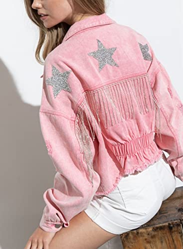 Joiemont Womens Cropped Rhinestone Fringe Jacket Cowgirl Shirt Jacket Long Sleeve Denim Jacket Fringe Jean Coat(0217-Pink-L) #TOP2