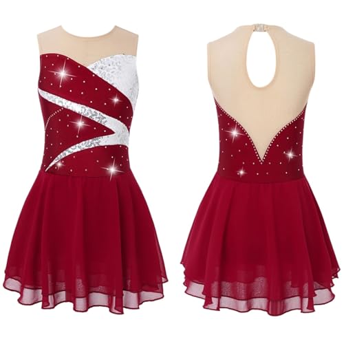 Ice Skating Dress for Women Shiny Sequins Rhinestone Decorated Patchwork Style Hollow Back Skating Dance Dress(Red,12)