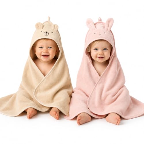 Image of Huxie Hooded Baby Towels – 100% Organic Cotton Baby Bath Towels – Baby Girl Newborn Essentials - Super-Soft and Absorbent. (2-Pack Rabbit Blush and Bear Fog)