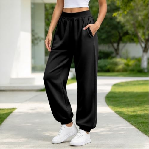 Aniywn Sweatpants For Women With Pockets Baggy Fleece Wide Leg Joggers | Black Baggy Sweatpants Women Elastic High Waisted Fleece Lined Lounge Pants Loose Fit Fall Winter Sweat Pants With Pockets - image 3