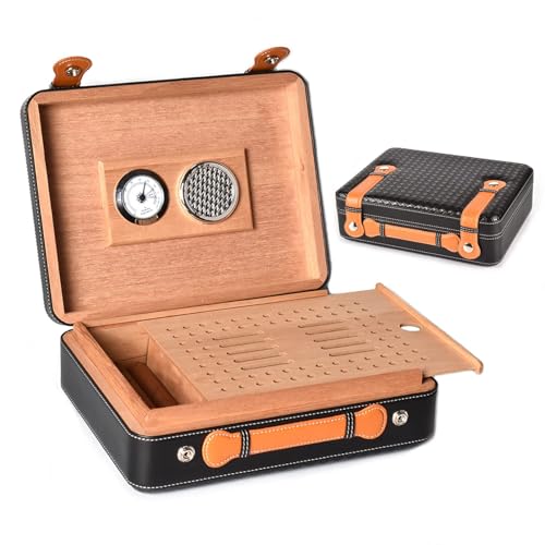 SaiDuoDuo Caja de madera para puros, caja de puros de cuero de viaje de madera de cedro, humidores de cigarros portátiles para 15-30 cigarros en higrómetro,Negro