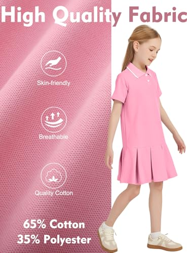 COZYPOIN Girls Polo Dress Short Sleeve Ruffle Pleated School Uniform Summer Casual Active Dropwaist Dresses(Pink-M)3