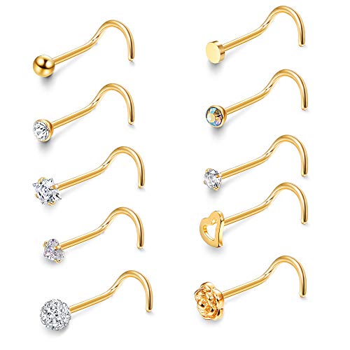 JOERICA 6 Pcs 20G Stainless Steel Screw Nose Studs Rings CZ Body Jewelry Piercing Golden-Tone