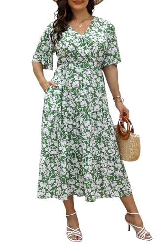 Image of Keluummi Plus Size Maxi Dress for Women V-Neck Floral Empire Waist 3 /4 Sleeve with Pockets(14 Plus, 02 - Green Floral)