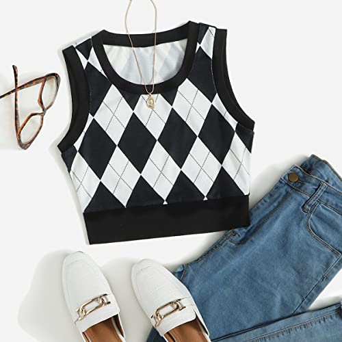 Verdusa Women's Plaid Print Sleeveless Tank Top Round Neck Knit Sweater Vest Black And White L #TOP1
