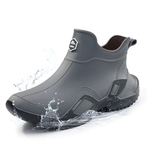 GUYISAKJ Men's Ankle Rain Boots - Slip On Waterproof Festival & Garden Shoes - Comfortable Lightweight Rubber Wellies with Decorative Buckle black&grey