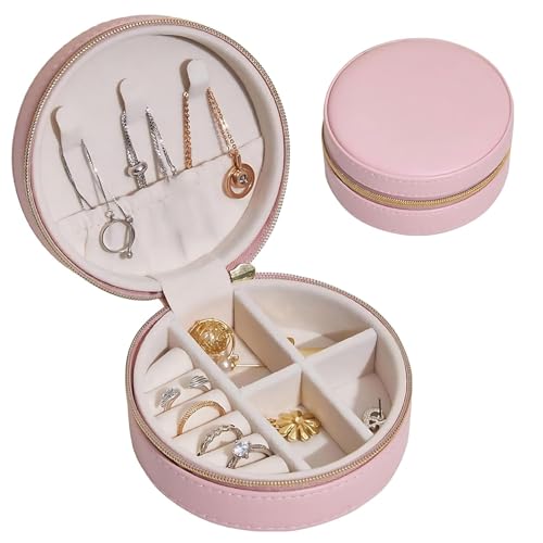 Image of Round Portable Travel Jewelry Case Storage Mini Box, Small Mirror Earrings, Necklace, Jewelry, Ring Cosmatic Organizer Storage Holder Boxes.