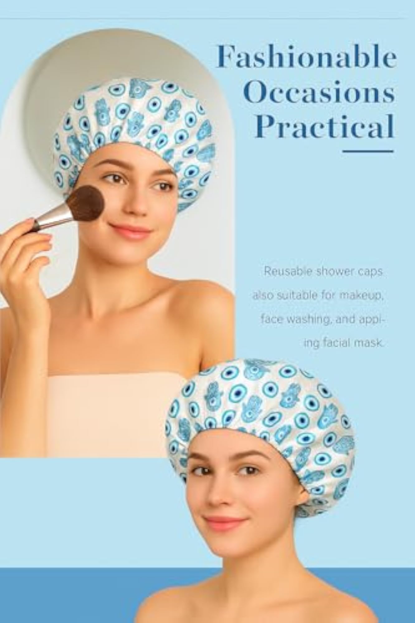 Women's Double-Layered Satin Shower Cap with Hamsa & Evil Eye Design