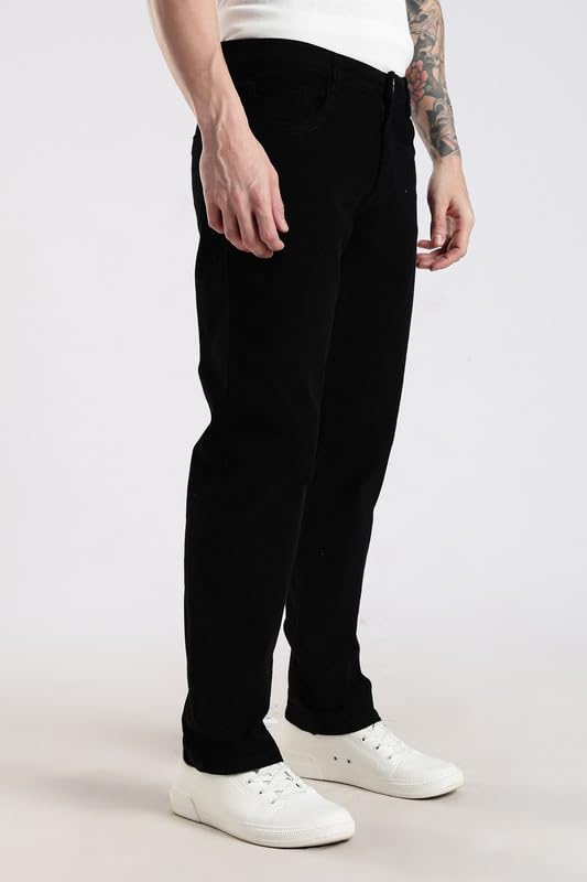 Image of NEVER NEUD Men's Corduroy Trousers, Stylish Mid Rise Straight Fit Pants for Men, 98% Cotton 2% Elastane, Button Closure, 4 Pockets (Black, 32)